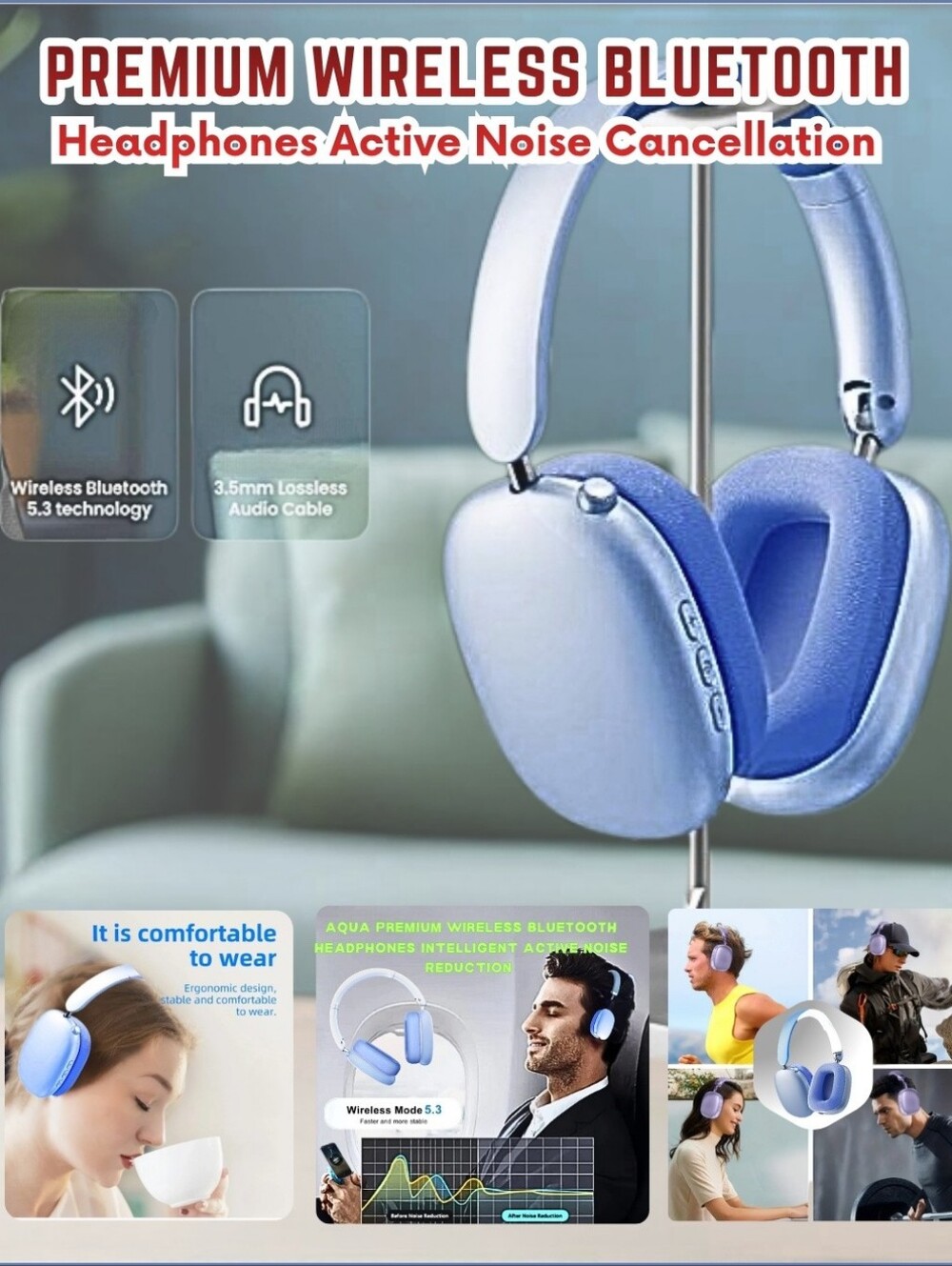 Premium Wireless Bluetooth Headphones Active Noise Cancellation Apple Android